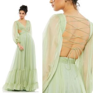 Mac Duggal Sz 8 Lace Up Chiffon Ruffle Tiered Goddess Gown Maxi Dress NWT $598